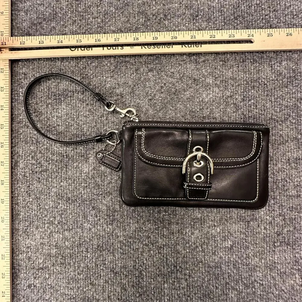 Coach Black Leather Wristlet Clutch with Buckle Detail #580